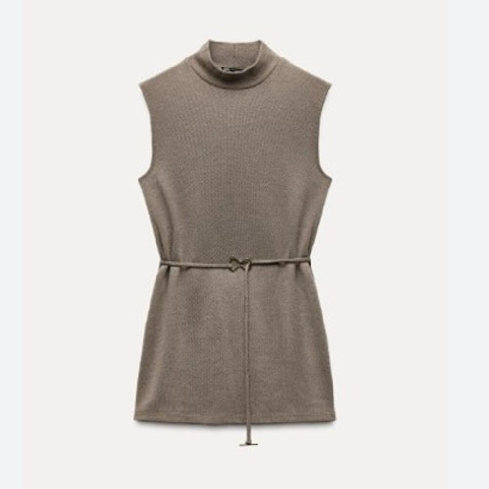 Zara Brown Mock Neck Knit Belted Sleeveless Tank Top Medium Neutral Minimalist
